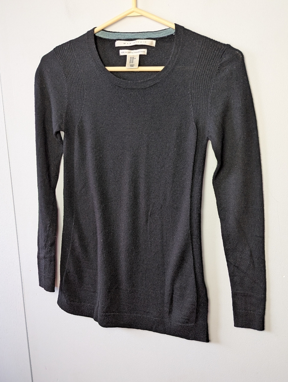 MAX STUDIO Women Crewneck 100% Extrafine Merino Wool Black Size XS Long Sleeves